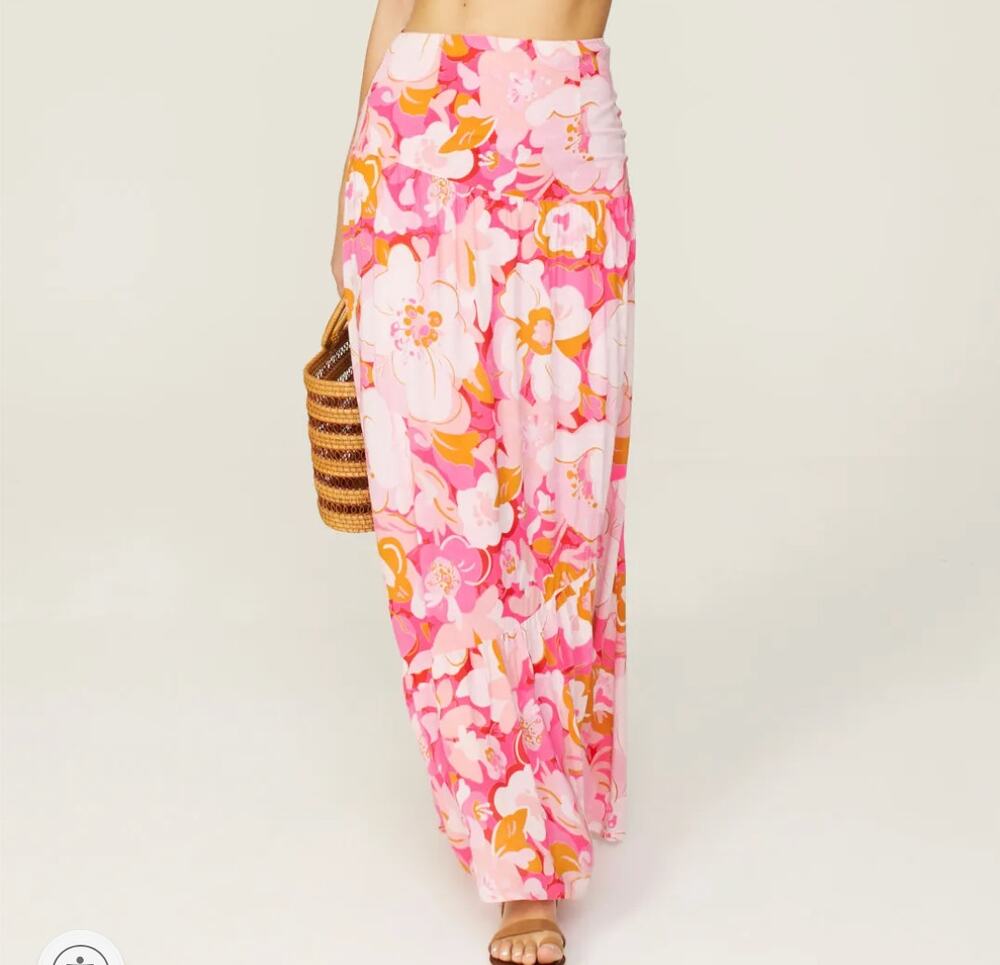 MinkPink Pink Tiered Ruffle Maxi Skirt XS Cottagecore Boho Vacation Full $129